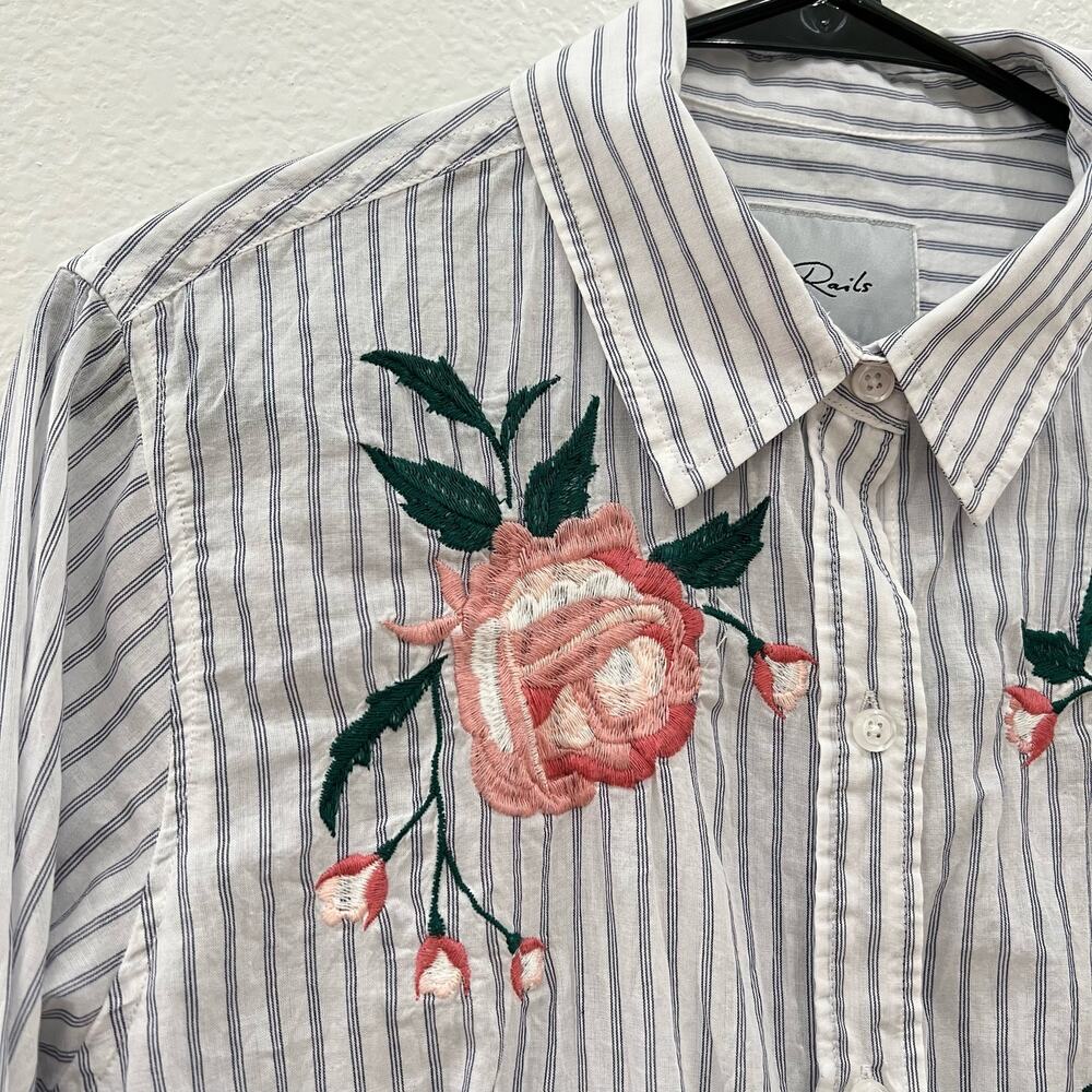 Rails Nevin Long Sleeve Button Down Shirt Pink Floral Embroidered Stripe Medium - Picture 7 of 16